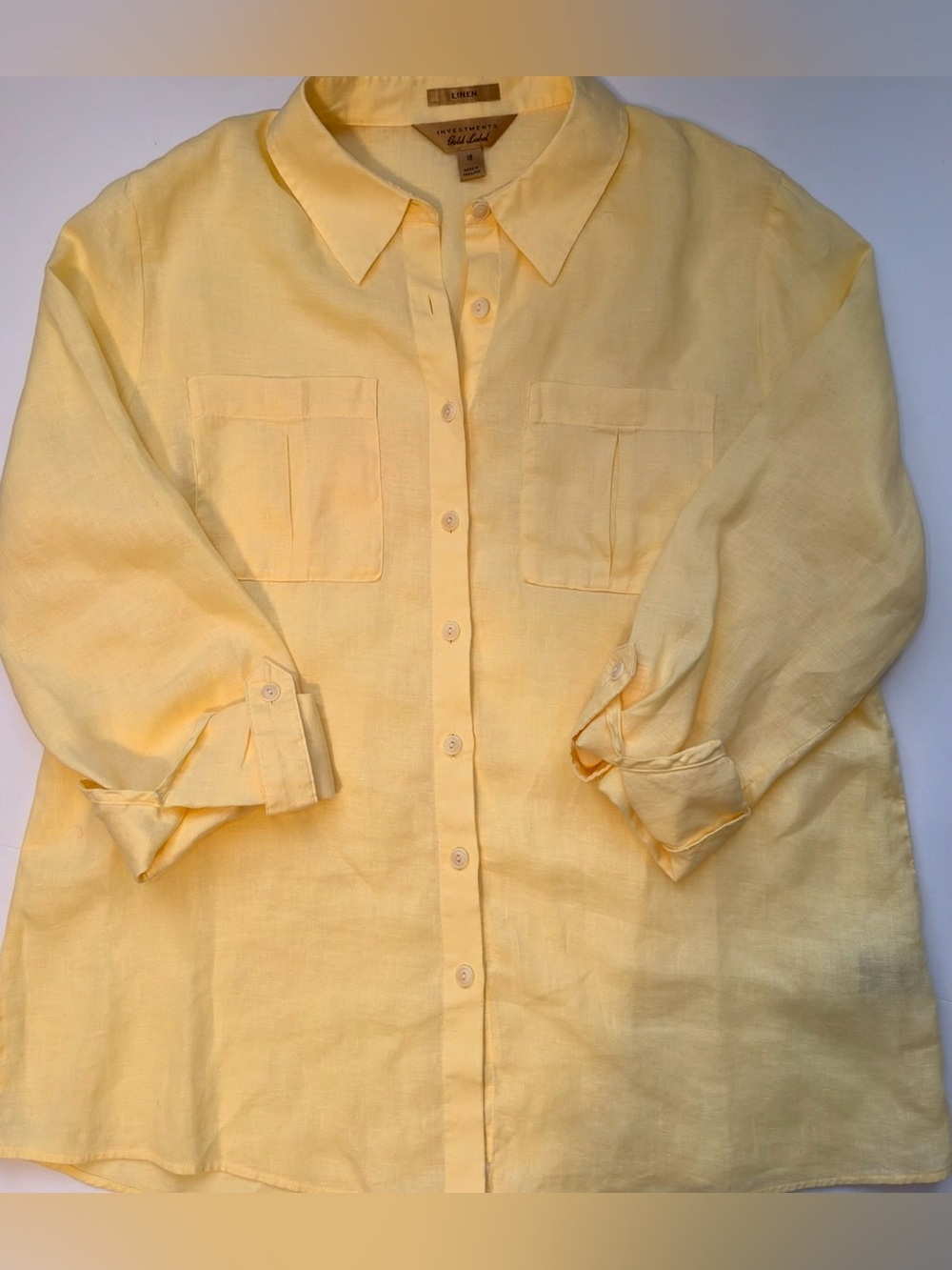 Investments Gold Label 100% linen Butter Yellow Button-Down Shirt women’s 18